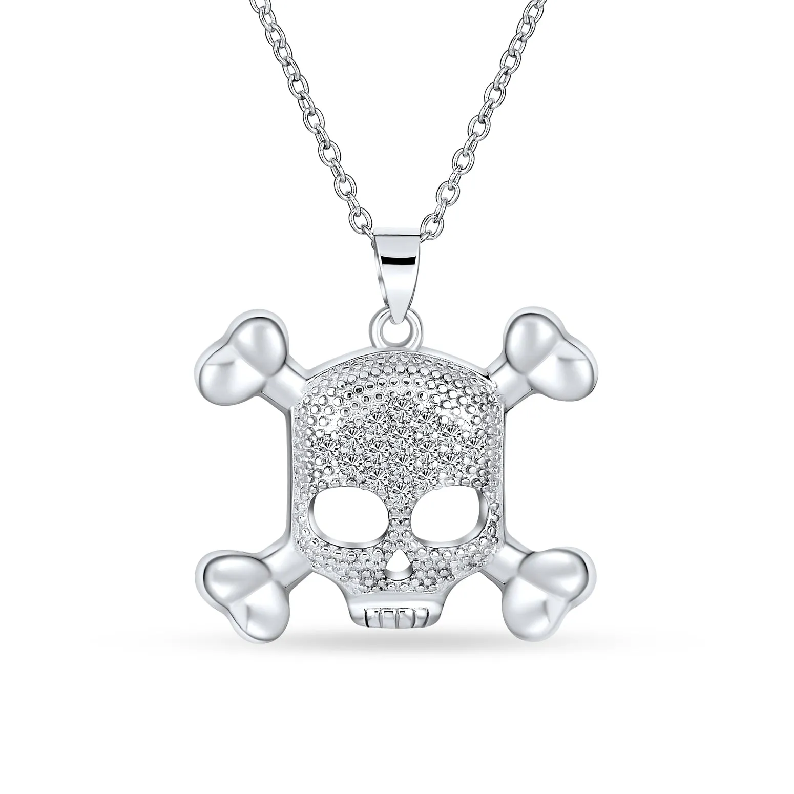 Goth Biker Skull & Crossbones CZ Pendant Necklace in Sterling Silver