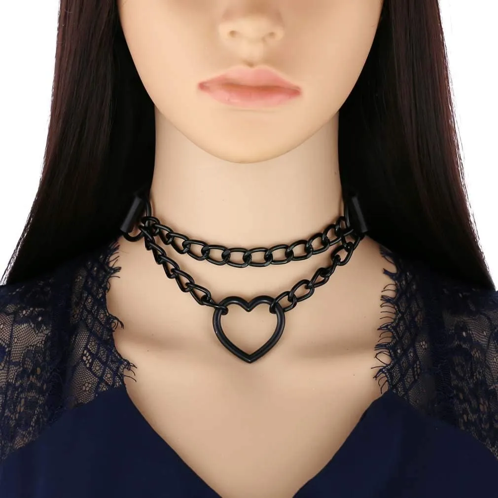 Goth Punk Choker Necklaces for Women Slip Chain Necklaces Black PU Leather Heart Choker Adjustable Neckband Collar Choker Valentines Halloween Christmas Jewelry