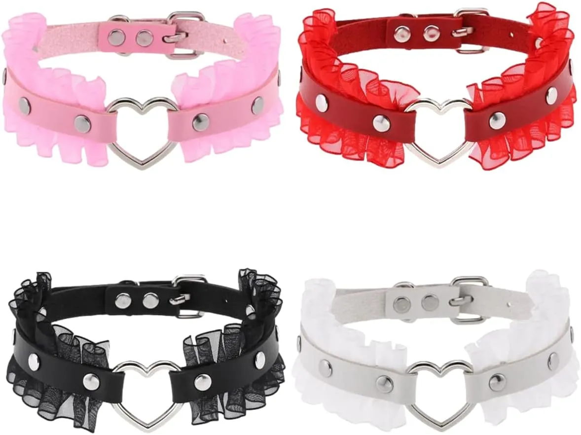 Gothic Choker Women Teen Cute Faux Leather Heart Necklace Kawaii Punk Lace Neck Choker Collar 4PCS Set