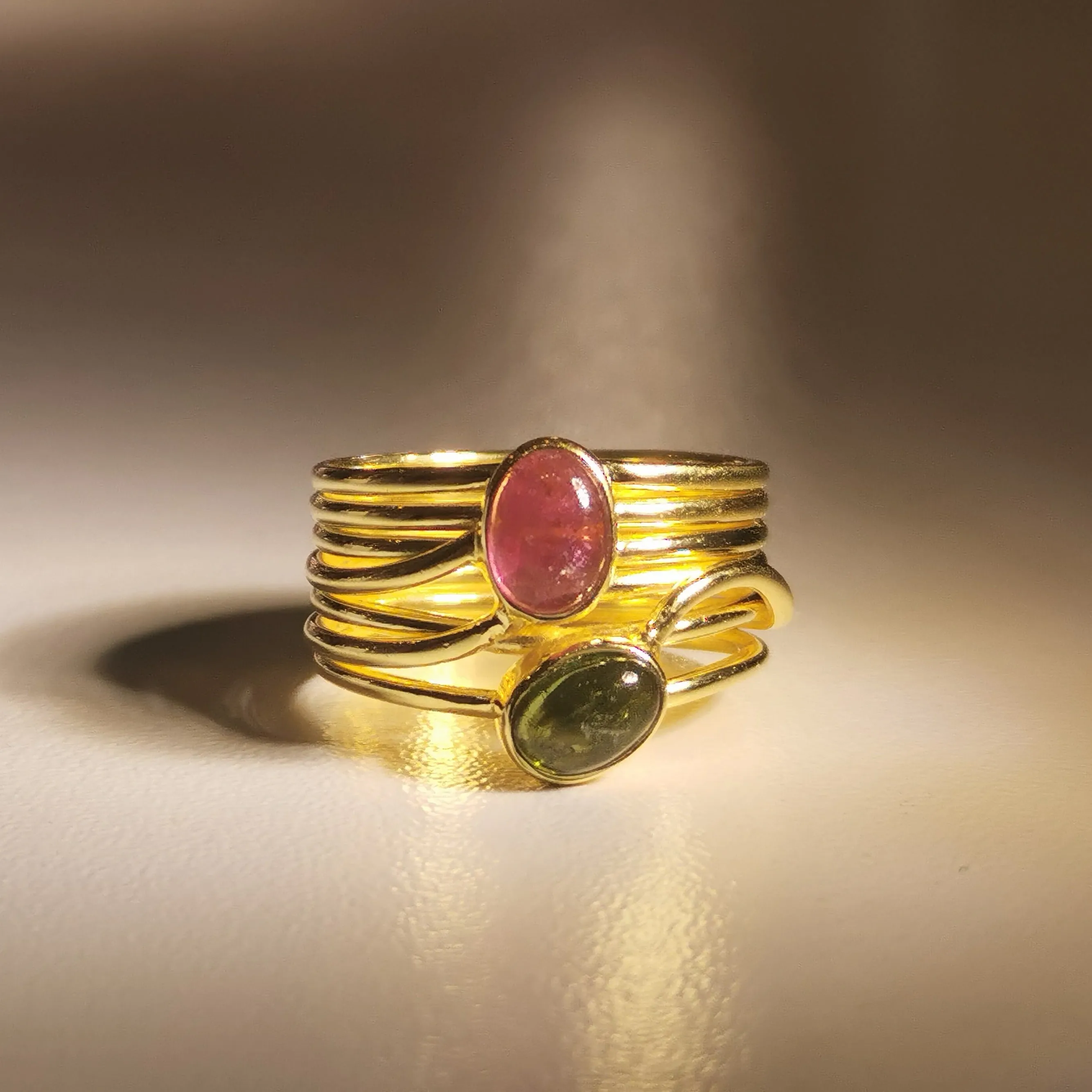 Green and Pink Tourmaline in a Multi Band Gold Ring