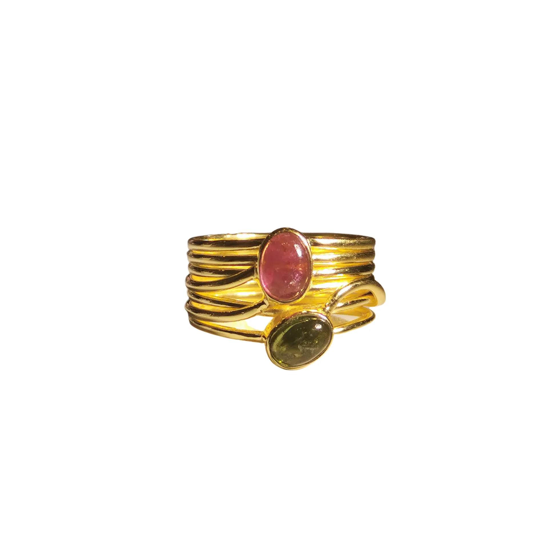 Green and Pink Tourmaline in a Multi Band Gold Ring