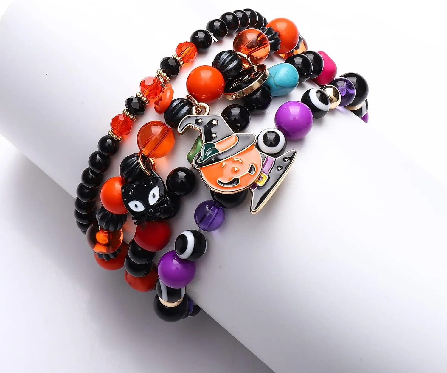 Halloween Bracelet Set Stack Pumkin Ghost Treat Witch Hat Charm Bracelets Halloween Beaded Stretch Bracelets Costume Jewelry for Women