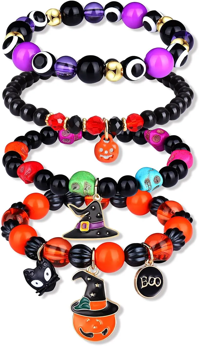 Halloween Bracelet Set Stack Pumkin Ghost Treat Witch Hat Charm Bracelets Halloween Beaded Stretch Bracelets Costume Jewelry for Women