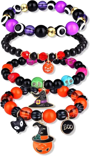 Halloween Bracelet Set Stack Pumkin Ghost Treat Witch Hat Charm Bracelets Halloween Beaded Stretch Bracelets Costume Jewelry for Women