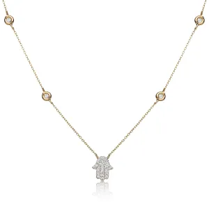 Hamsa Diamond Bezel Set Stylish Necklace in 14k Gold