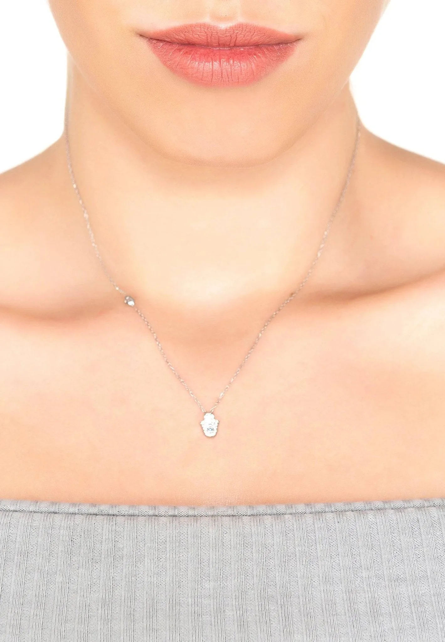 Hamsa Hand Necklace in Silver and White Zircon