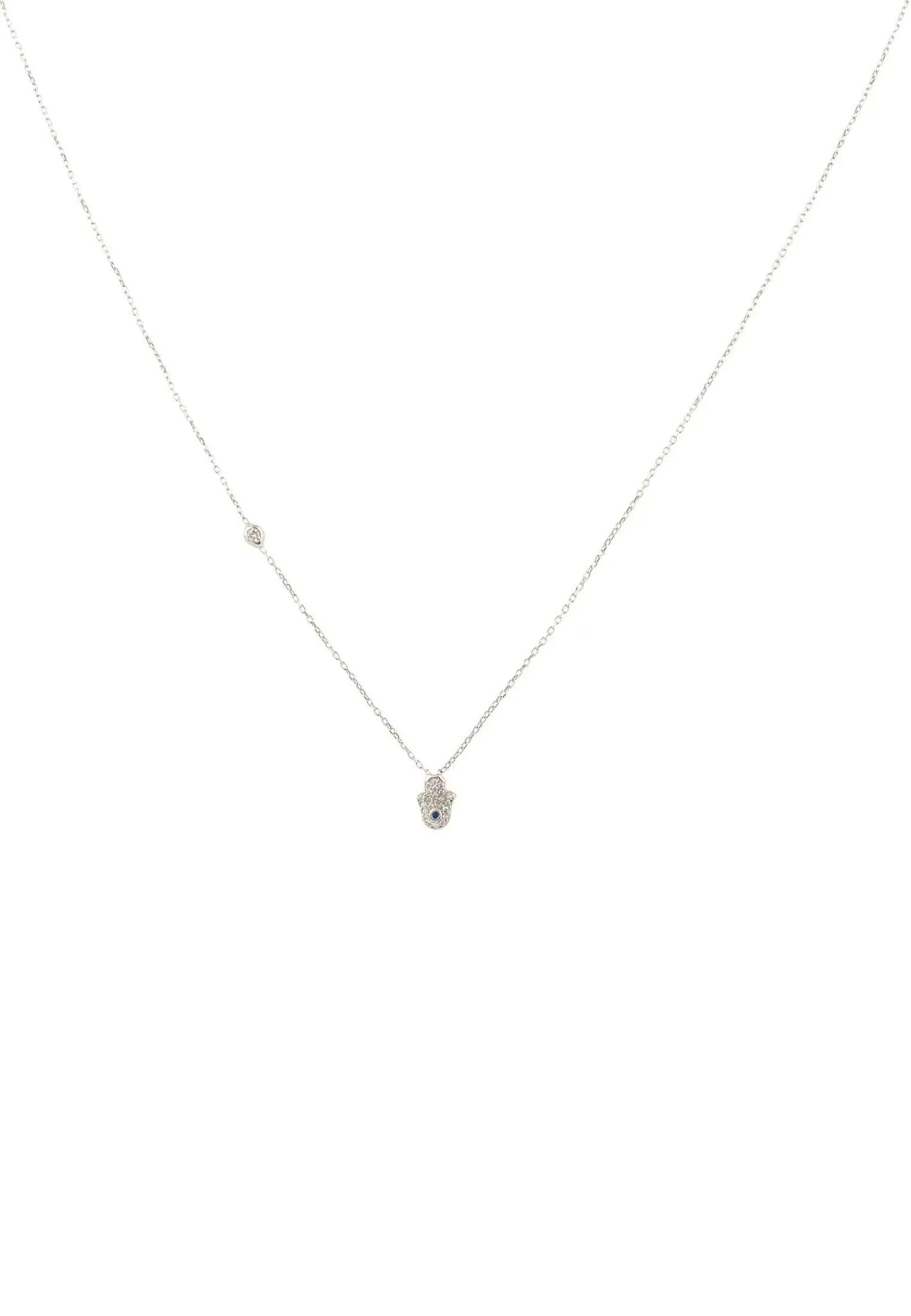 Hamsa Hand Necklace in Silver and White Zircon
