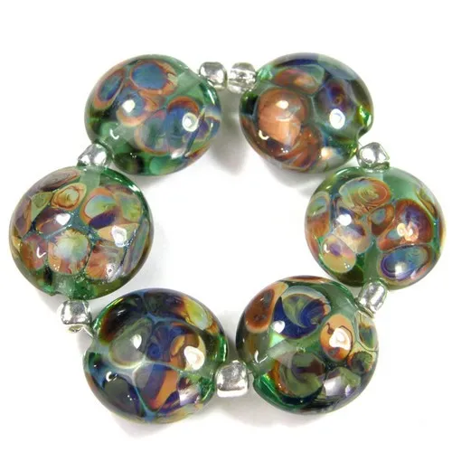 Handmade Lampwork Glass Lentil Bead Set, Pale Emerald Green Raku Frit Shiny