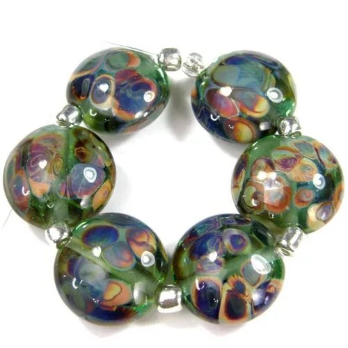 Handmade Lampwork Glass Lentil Bead Set, Pale Emerald Green Raku Frit Shiny