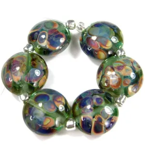 Handmade Lampwork Glass Lentil Bead Set, Pale Emerald Green Raku Frit Shiny