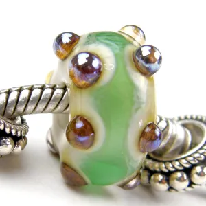 Handmade Large Hole Lampwork Beads, European Style Beads Green Ivory Scallops
