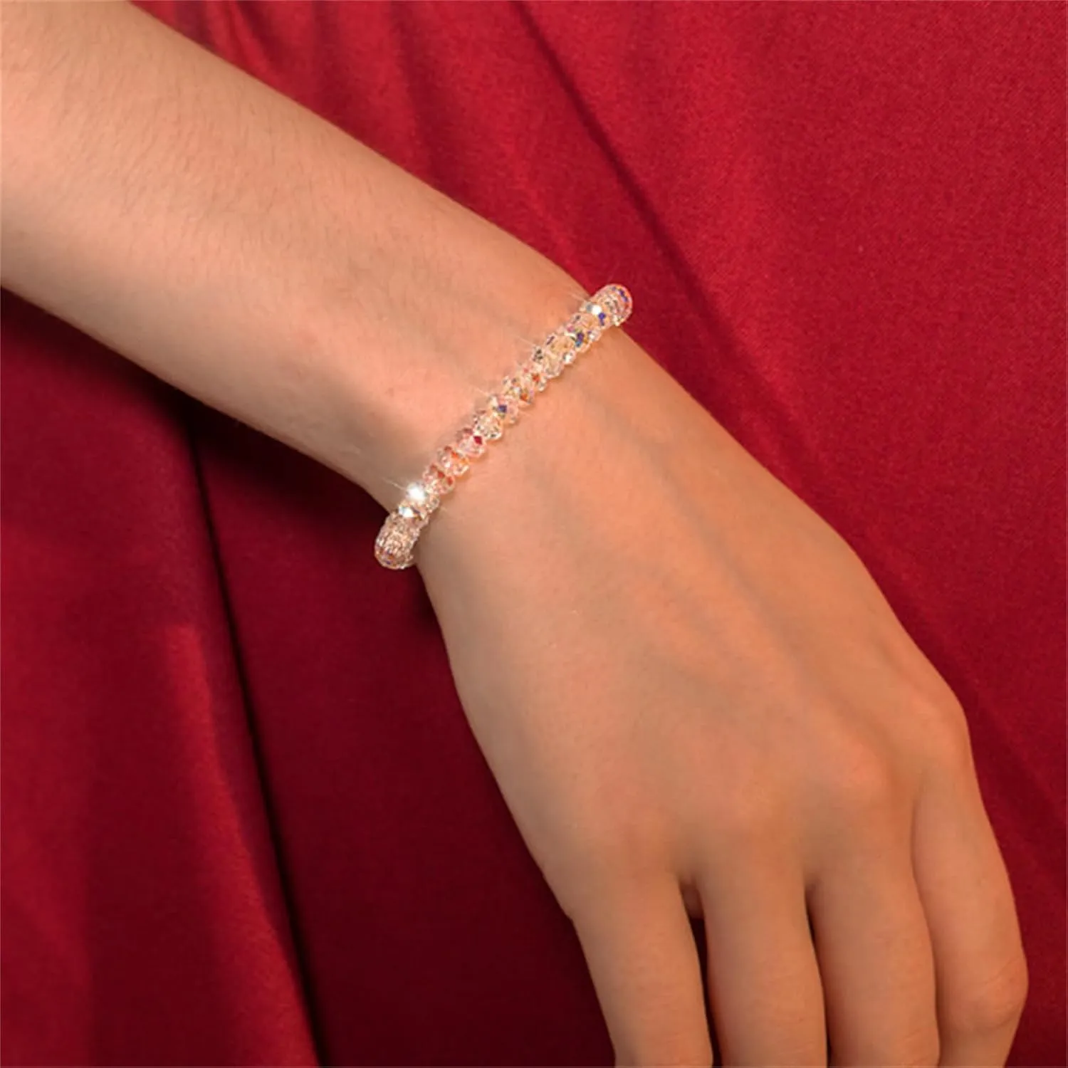 Healing Crystal Beaded Stretch Bracelets Handmade Bohemian Transparent Colorful Glass Ball Beads Sparkly Rhinestone CZ Stackable Bracelet for Women Friendship Couples Wedding Bridal Christmas Trendy Jewelry