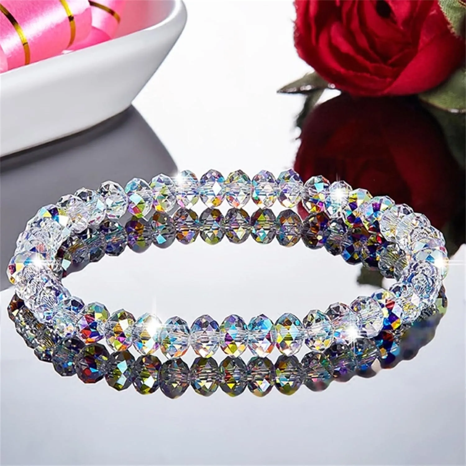 Healing Crystal Beaded Stretch Bracelets Handmade Bohemian Transparent Colorful Glass Ball Beads Sparkly Rhinestone CZ Stackable Bracelet for Women Friendship Couples Wedding Bridal Christmas Trendy Jewelry