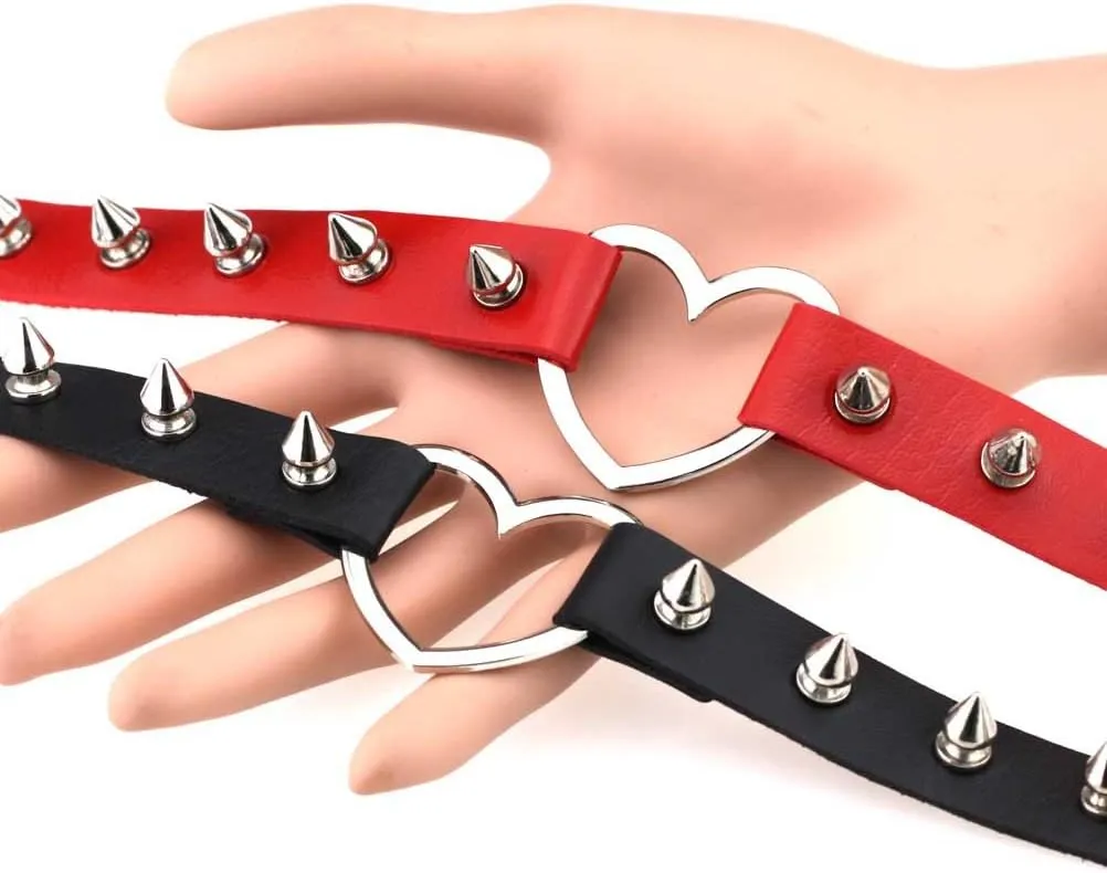 Heart Shape Spiky Rivets Halloween Cosplay Goth Leather Collar Choker Necklaces for Women