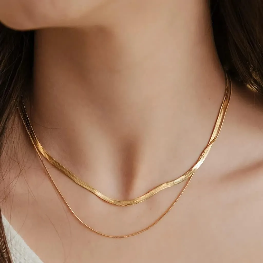 Herringbone Necklace for Women,Dainty Gold Necklace,14k Gold Plated Snake,Gold Chain Choker Necklaces,Simple Gold Layered Necklaces,Gold Jewelry Gift for Women
