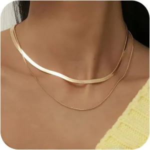 Herringbone Necklace for Women,Dainty Gold Necklace,14k Gold Plated Snake,Gold Chain Choker Necklaces,Simple Gold Layered Necklaces,Gold Jewelry Gift for Women