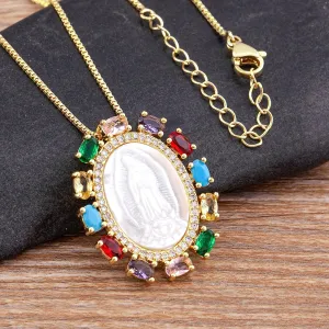 High Quality Virgin Mary Pendant Rainbow Crystal Exquisite CZ Copper Zircon Necklace