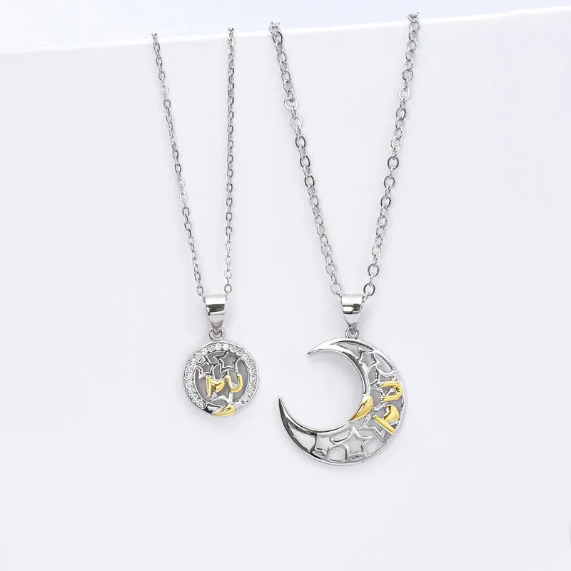 Hollow Moon and Hollow Circle with Zircon and Star Silver Couple Necklace for Women