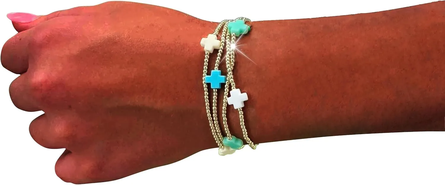HUASAI Gold Beaded Bracelet Set for Women Non Tarnish Chunky Stretch Paperclip Cross Pearl Stackable Jewelry