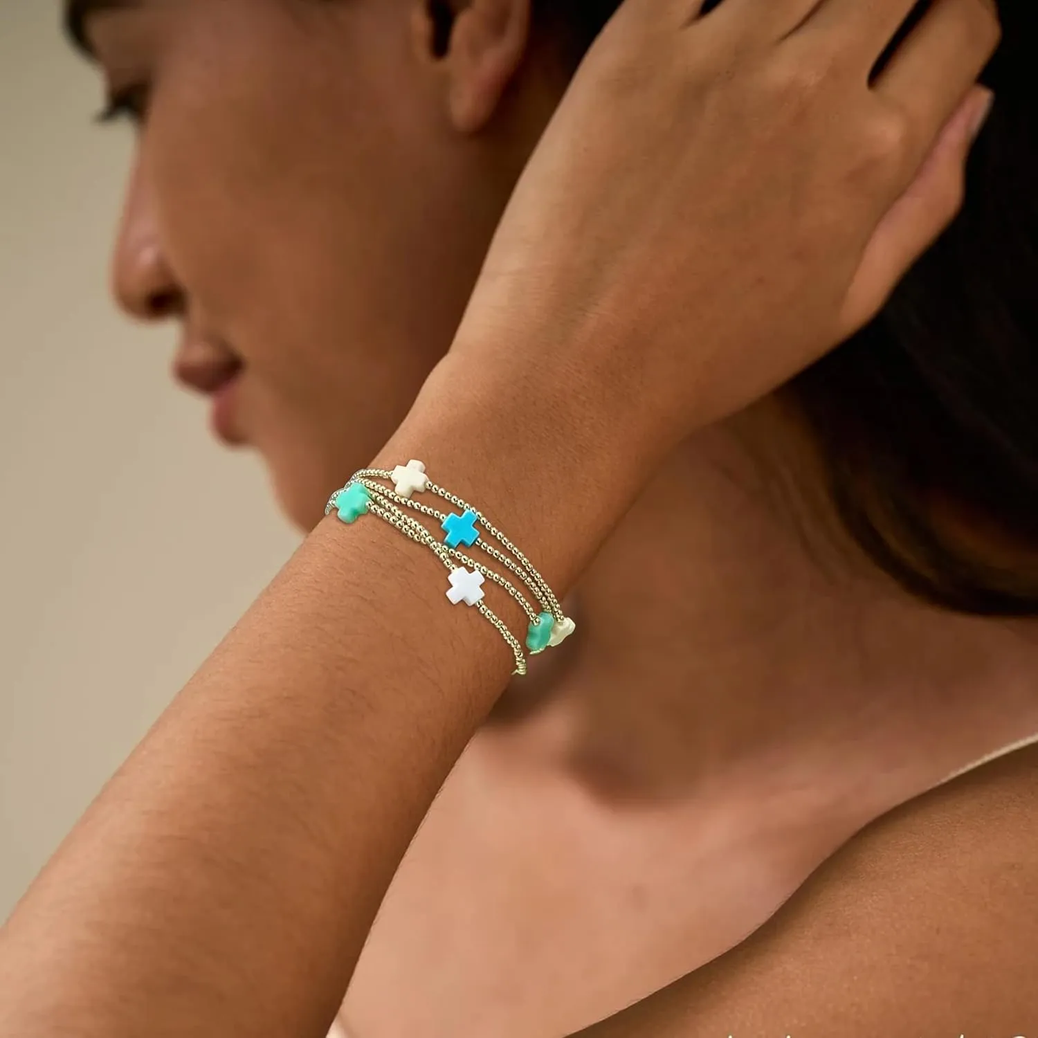 HUASAI Gold Beaded Bracelet Set for Women Non Tarnish Chunky Stretch Paperclip Cross Pearl Stackable Jewelry