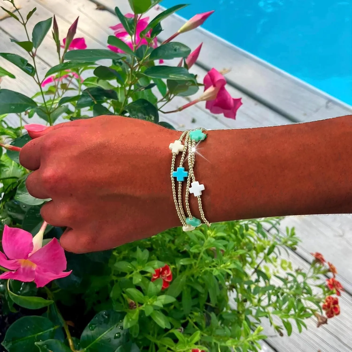 HUASAI Gold Beaded Bracelet Set for Women Non Tarnish Chunky Stretch Paperclip Cross Pearl Stackable Jewelry