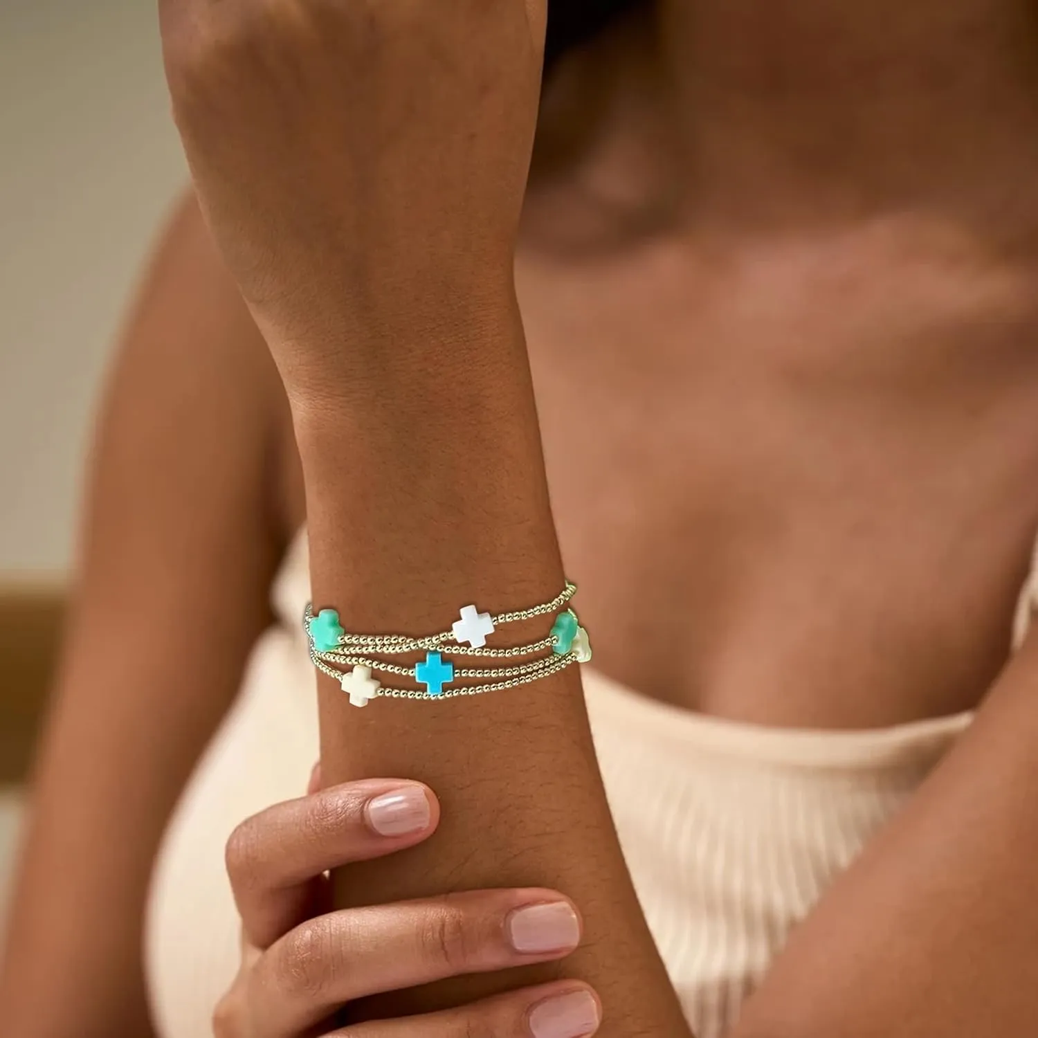 HUASAI Gold Beaded Bracelet Set for Women Non Tarnish Chunky Stretch Paperclip Cross Pearl Stackable Jewelry
