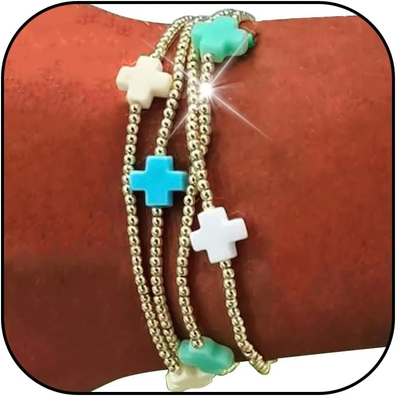 HUASAI Gold Beaded Bracelet Set for Women Non Tarnish Chunky Stretch Paperclip Cross Pearl Stackable Jewelry
