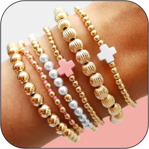 HUASAI Gold Beaded Bracelet Stack for Women Trendy Non Tarnish Chunky Stretch Paperclip Cross Pearl Bracelets Set Stackable Jewelry Easter Basket Stuffers