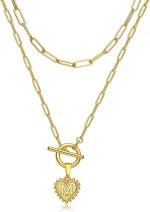 HUASAI Gold Initial Necklaces for Women Gold Dainty Layered Stainless Steel Paperclip Toggle Necklace Personalized Gold Heart Initial Layering Necklaces (M)