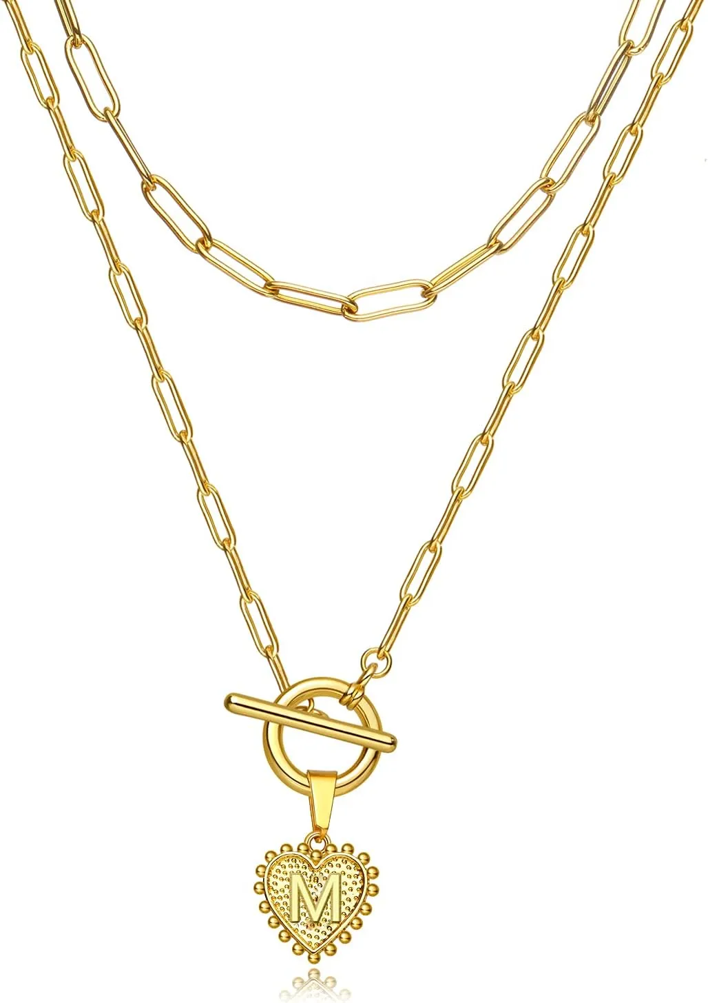 HUASAI Gold Initial Necklaces for Women Gold Dainty Layered Stainless Steel Paperclip Toggle Necklace Personalized Gold Heart Initial Layering Necklaces (M)