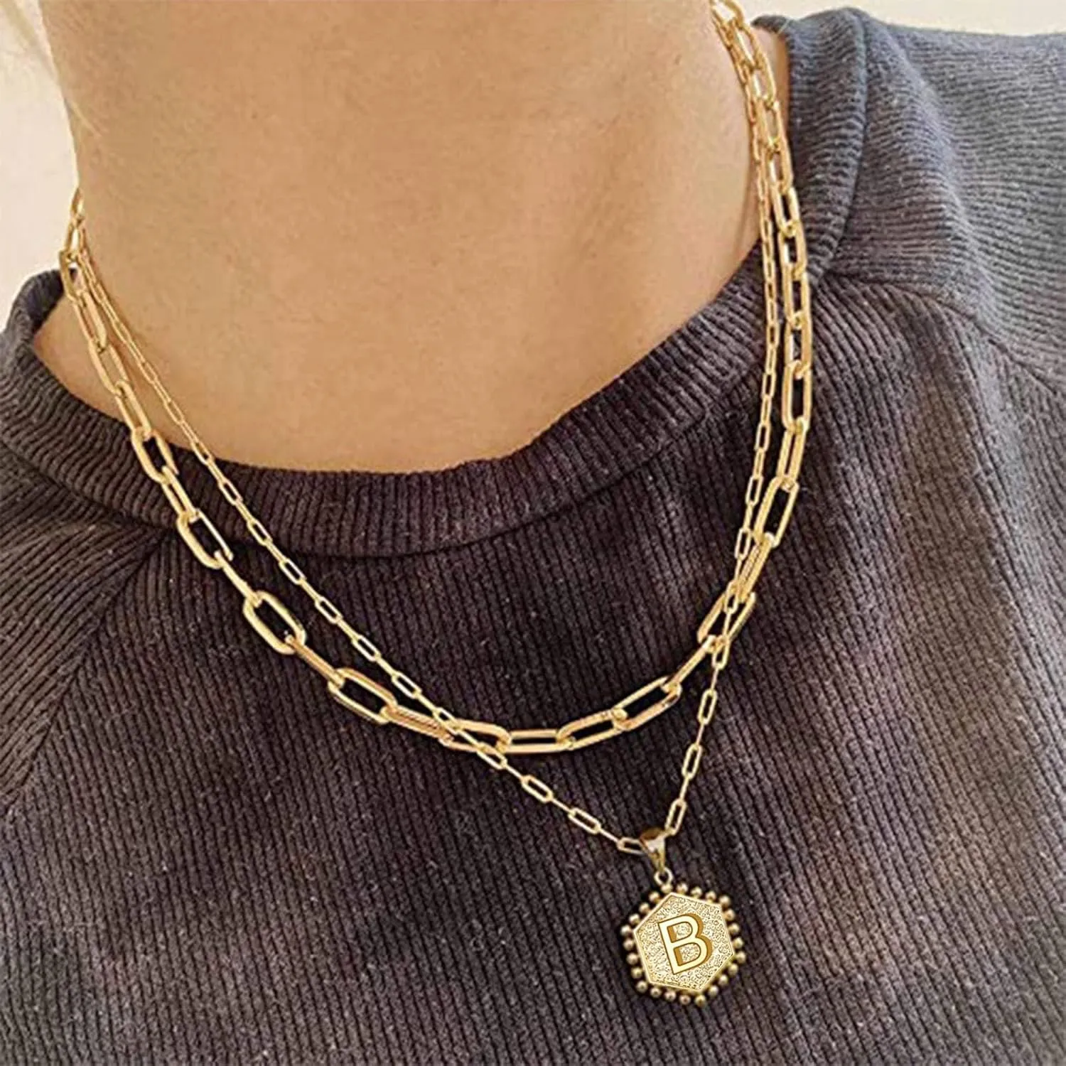 iLH A-Z 26 Alphabet Initial Gold Necklaces For Women Layered Necklaces Plated Paperclip Chain Personalized Letter Pendant