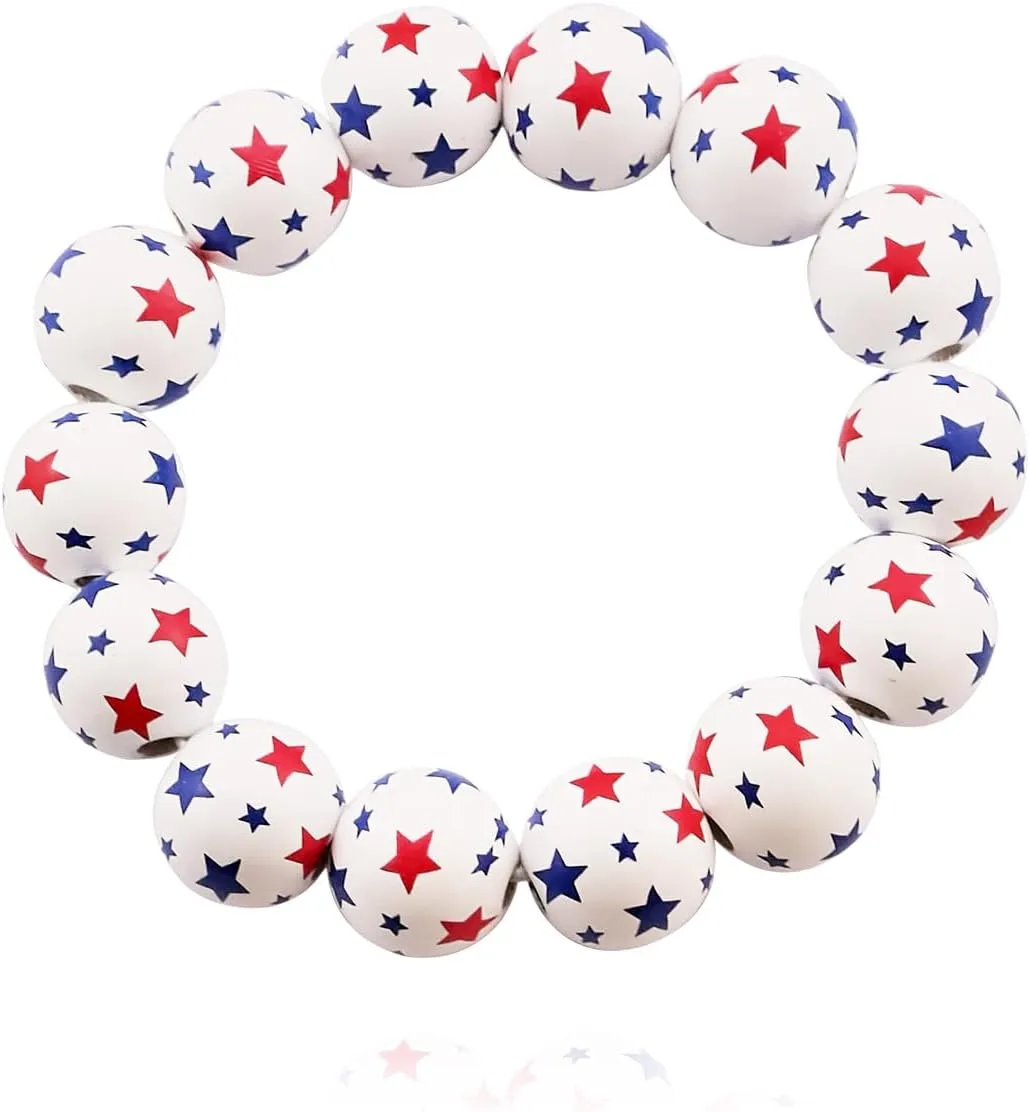 Independence Day Beaded Bracelets Patriotic Bracelets 4th of July Chunky Beaded Bracelets Wooden America Flag Red White And Blue Bead Ball Stretch Bracelet Jewelry