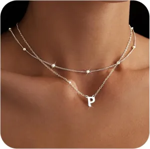 Initial Necklaces for Women 14K Gold Silver Plated Letter Jewelry Non Tarnish Layered Dainty Cute A-Z Pendant Choker Necklace Waterproof Trendy Name Necklace Personalized Jewelry Gift for Women