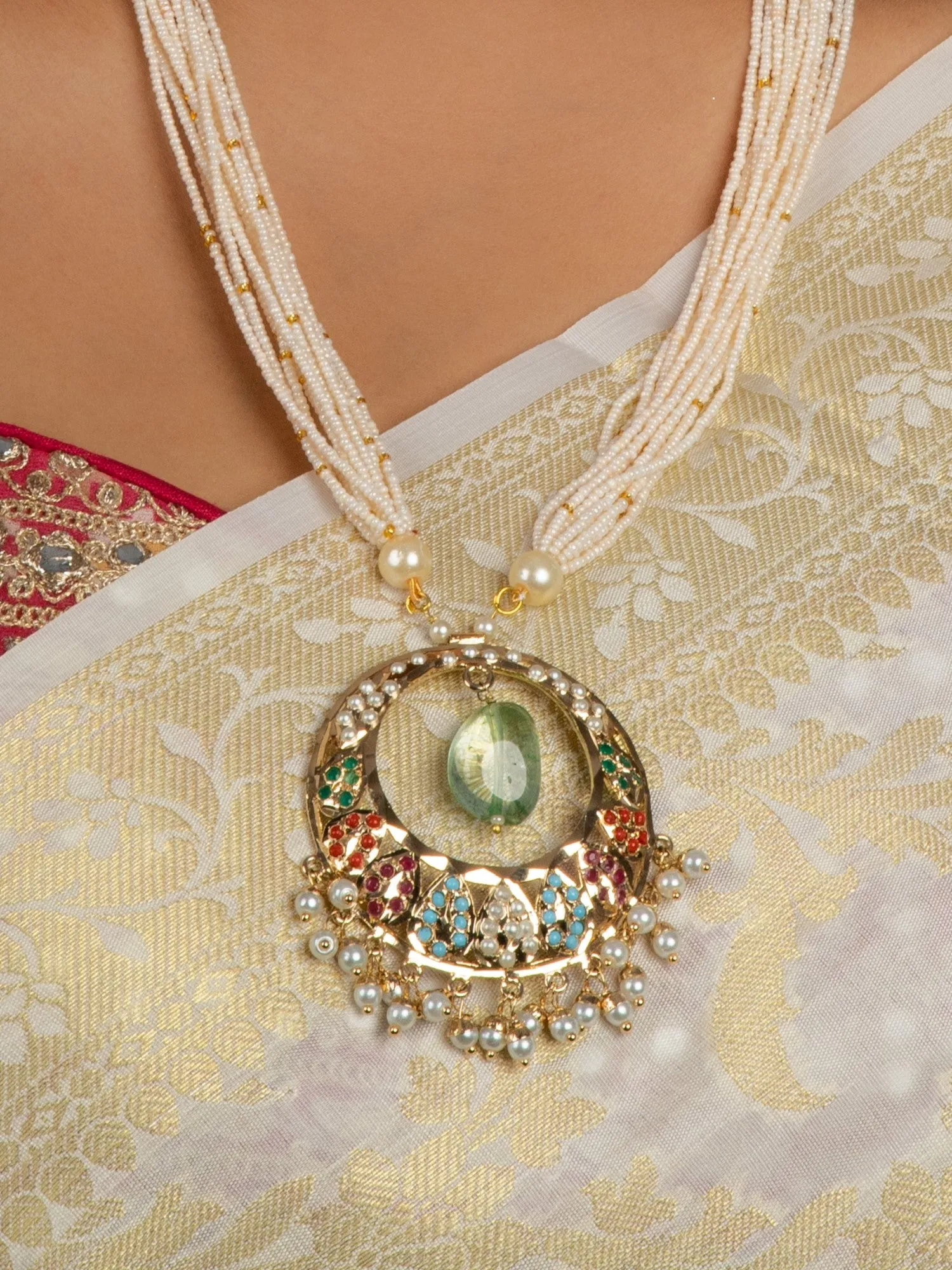Jadau Navaratan Pearl Drop Chaandbali Pendant Necklace