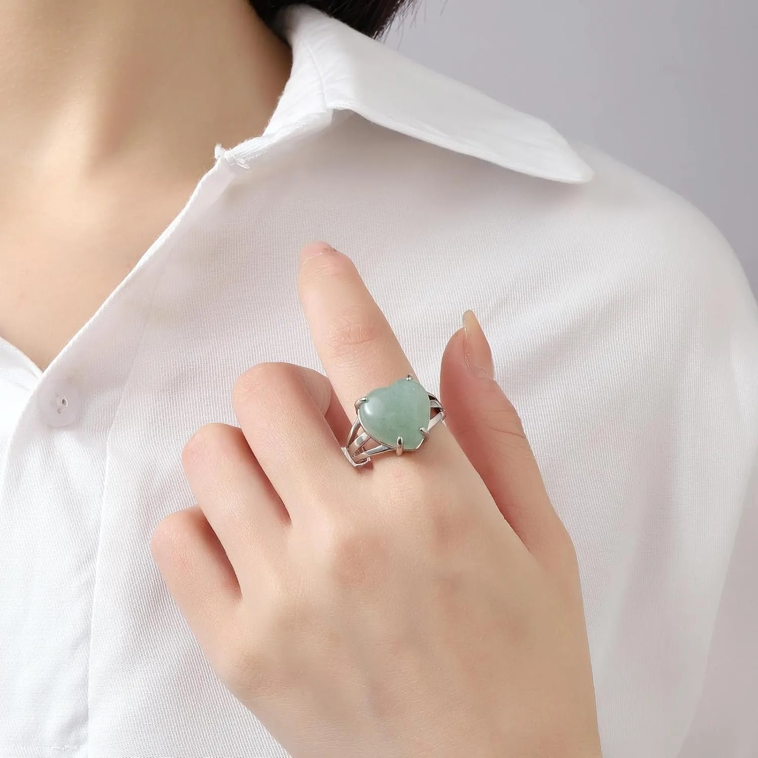 Jade Rings for Women Handmade Natural Stone Heart Jade Ring Green Aventurine Ring Adjustable Open Ring Jade Jewelry for Women