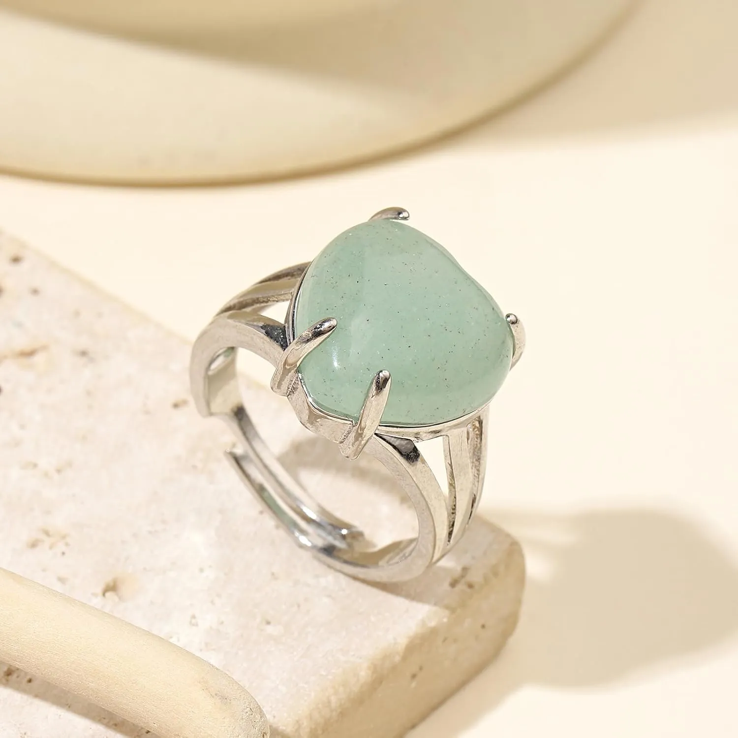 Jade Rings for Women Handmade Natural Stone Heart Jade Ring Green Aventurine Ring Adjustable Open Ring Jade Jewelry for Women