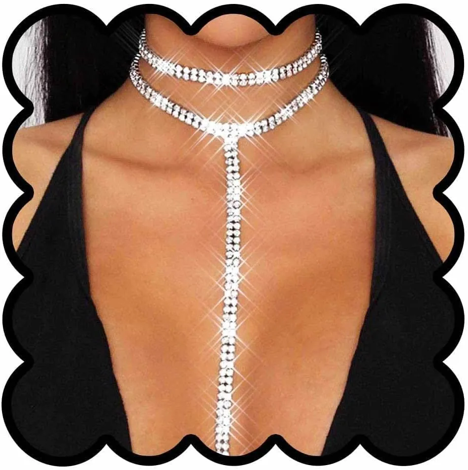 JEWEKY Long Rhinestone Necklace Silver Prom Choker Necklaces for Women