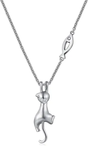 jiamiaoi 18K White Gold Plated Cat Necklace 925 Sterling Silver Diamond Cat Necklace Silver Cat On Moon Necklace for Women Gift for Birthday/Christmas, Come with Gift Box