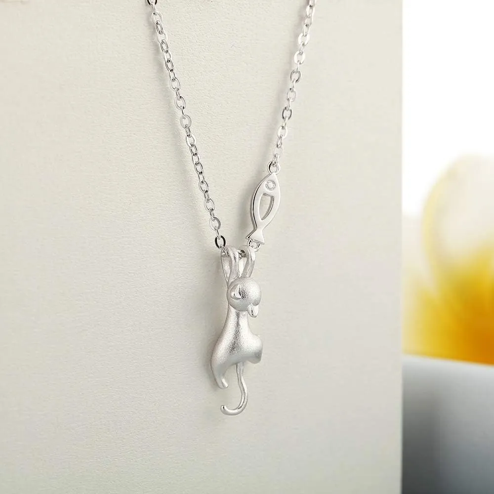 jiamiaoi 18K White Gold Plated Cat Necklace 925 Sterling Silver Diamond Cat Necklace Silver Cat On Moon Necklace for Women Gift for Birthday/Christmas, Come with Gift Box