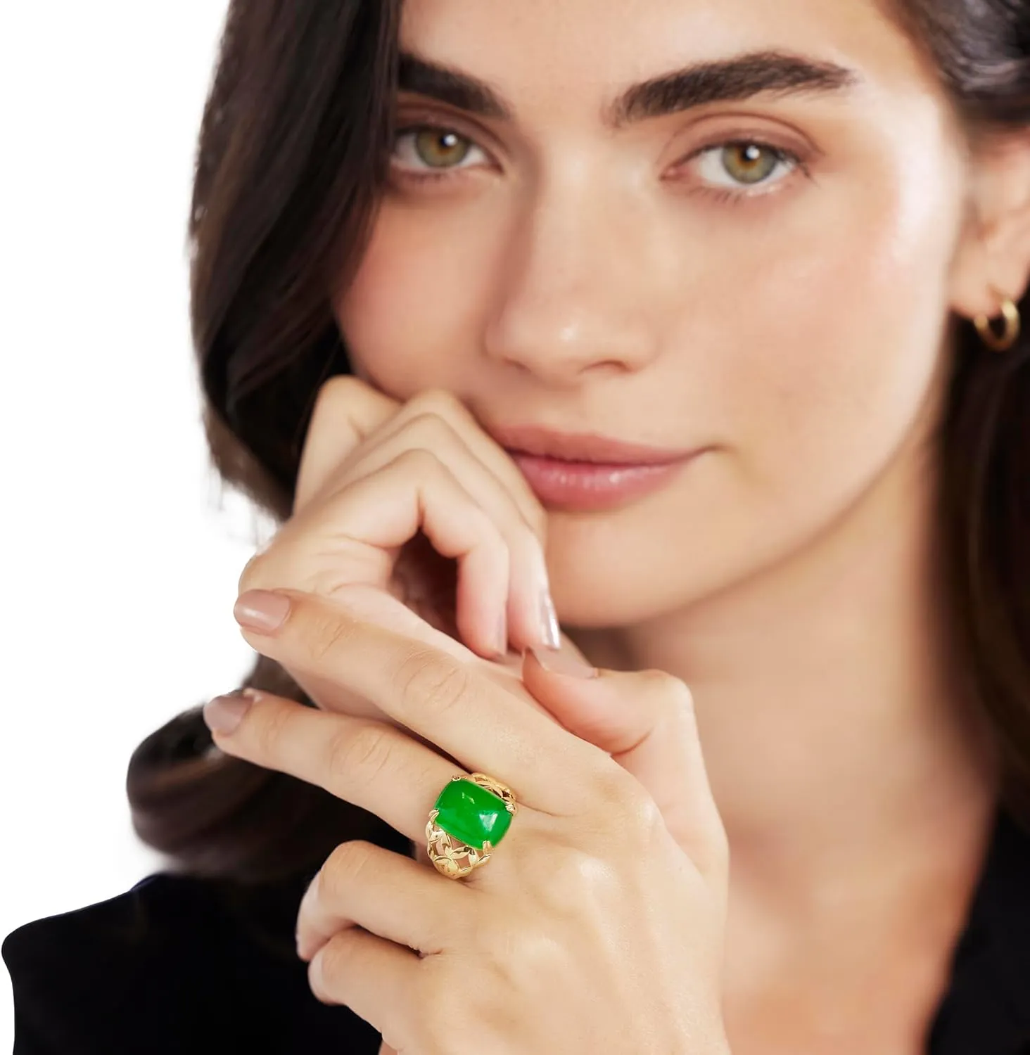 JTV Green Jade 18k Yellow Gold over Sterling Silver Ring - Statement Rings for Women - Jade Rings for Women - Gold Rings for Women - Classic Cocktail Rings - Birthstone Rings - March Birthstone Jewelry