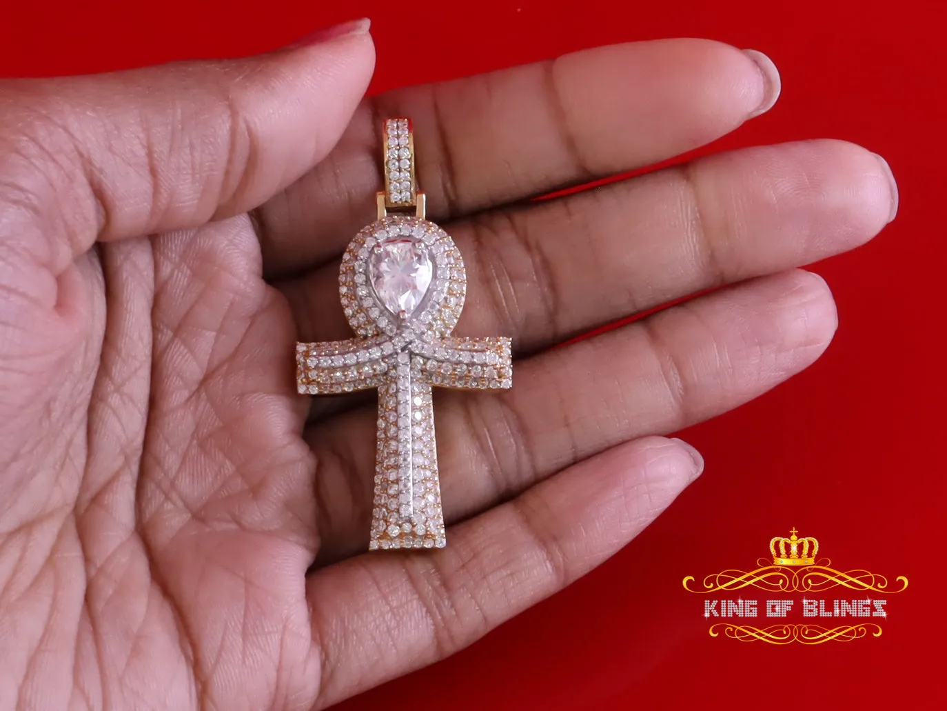 King Of Bling's 4.00ct VVS D Moissanite Yellow Center stone Pear Silver Charm Ankh Mens Pendant