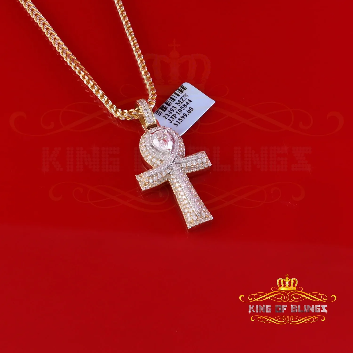 King Of Bling's 4.00ct VVS D Moissanite Yellow Center stone Pear Silver Charm Ankh Mens Pendant