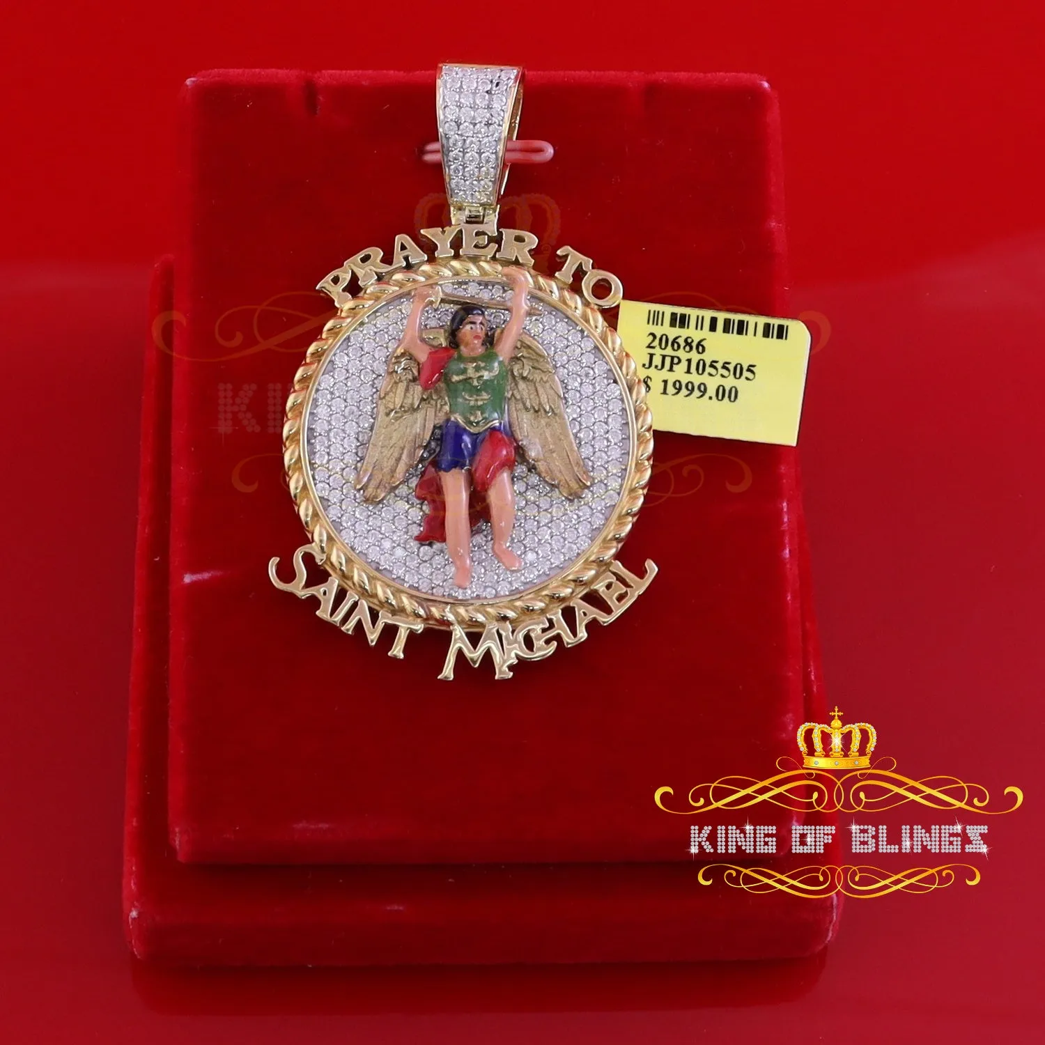 King Of Bling's Silver Yellow Protector "SAINT MICHAEL" Pendant with 5.00ct Genuine Moissanite