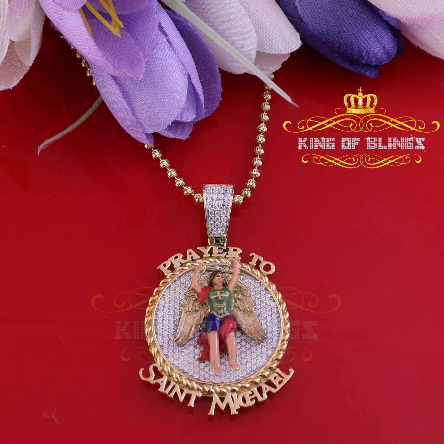 King Of Bling's Silver Yellow Protector "SAINT MICHAEL" Pendant with 5.00ct Genuine Moissanite