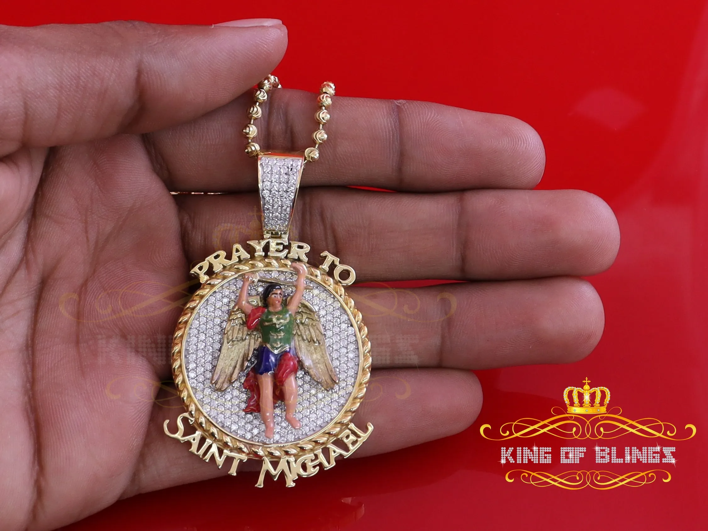 King Of Bling's Silver Yellow Protector "SAINT MICHAEL" Pendant with 5.00ct Genuine Moissanite