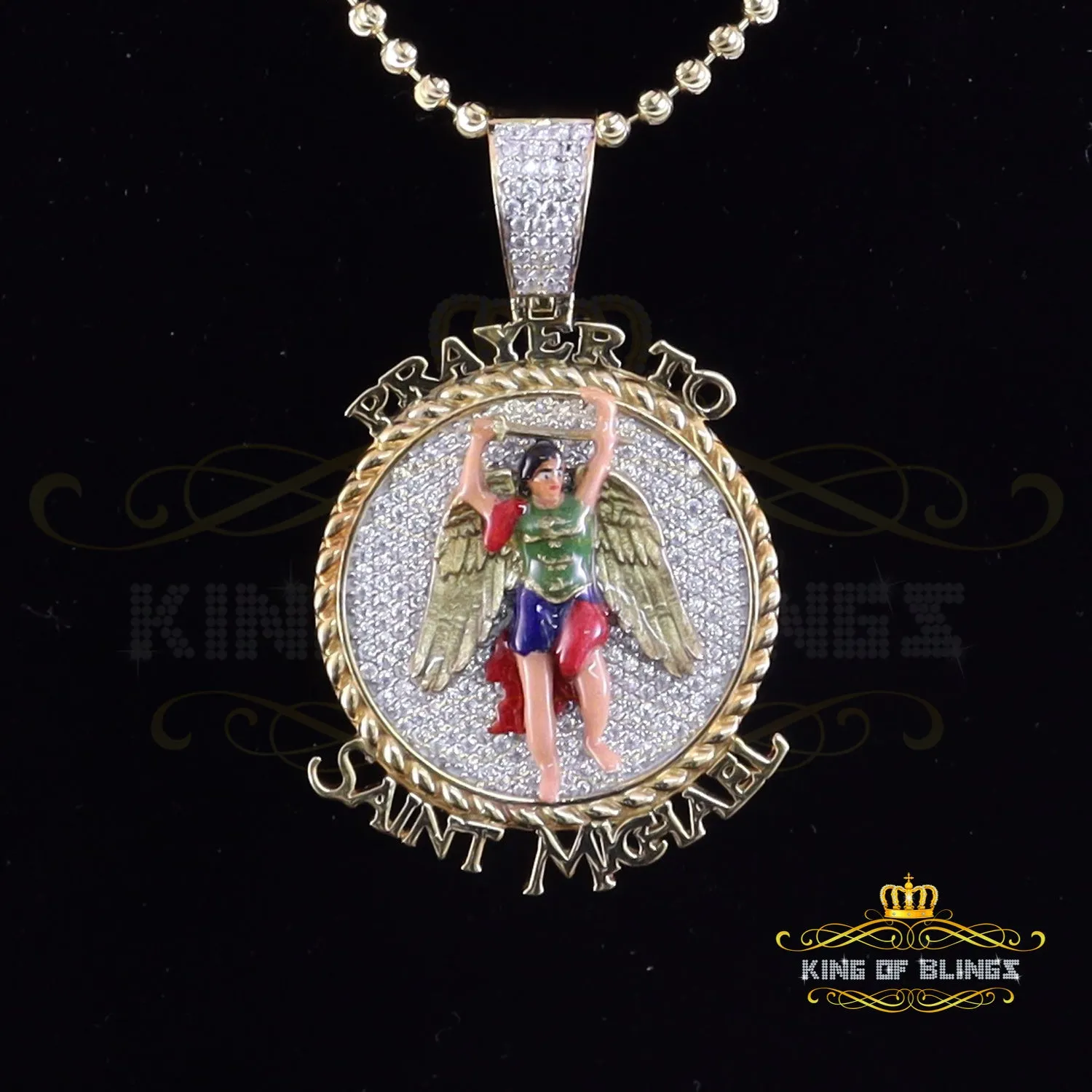 King Of Bling's Silver Yellow Protector "SAINT MICHAEL" Pendant with 5.00ct Genuine Moissanite