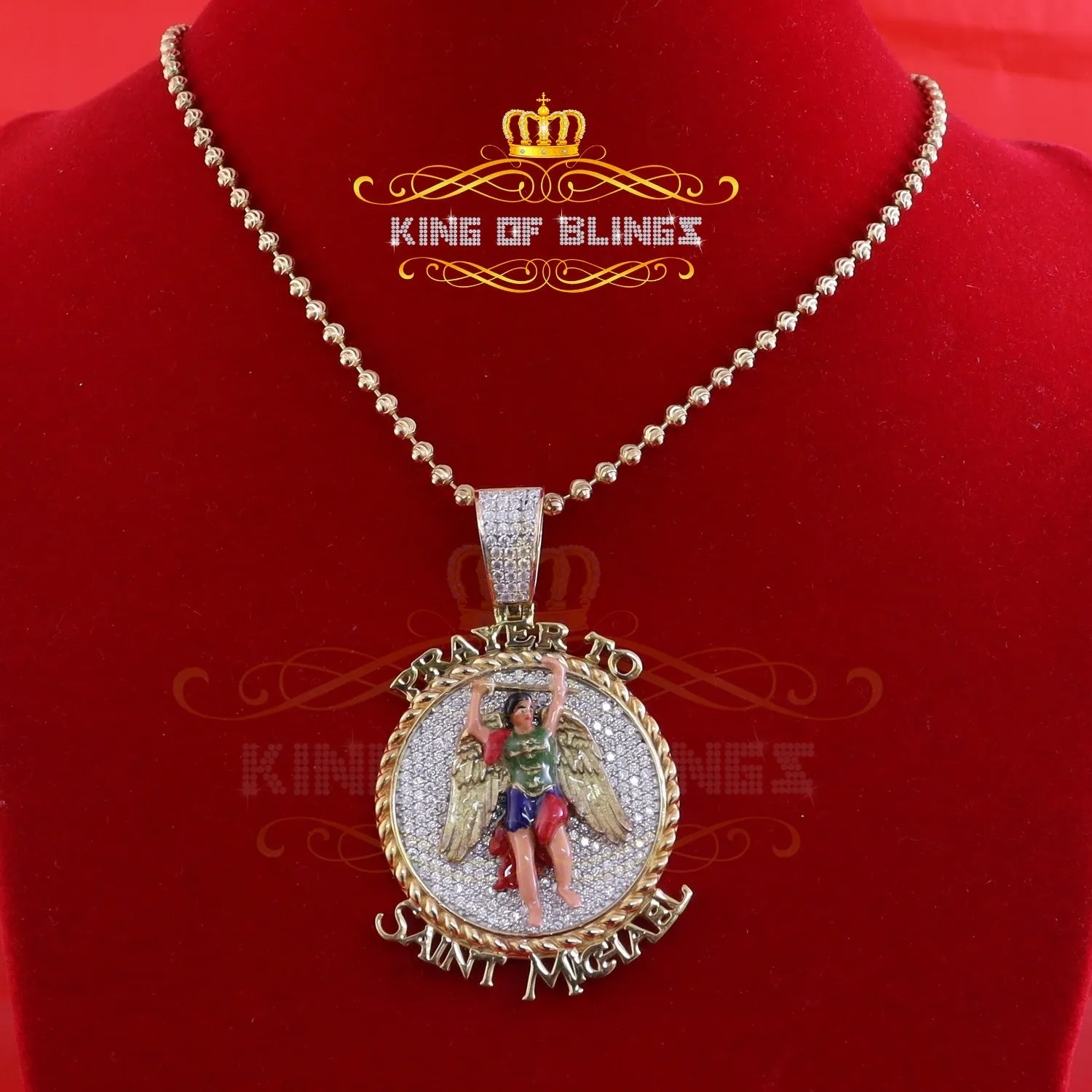 King Of Bling's Silver Yellow Protector "SAINT MICHAEL" Pendant with 5.00ct Genuine Moissanite