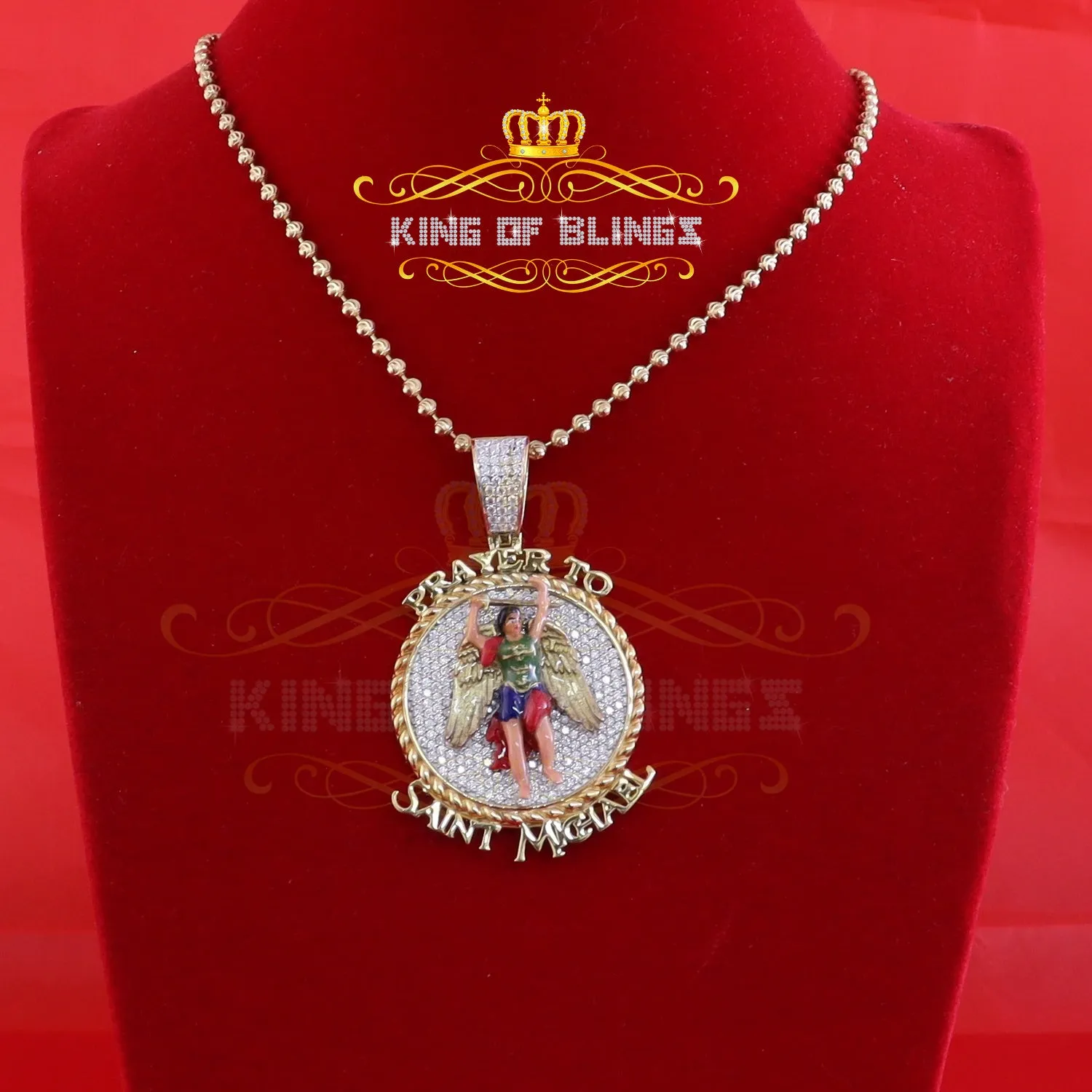 King Of Bling's Silver Yellow Protector "SAINT MICHAEL" Pendant with 5.00ct Genuine Moissanite