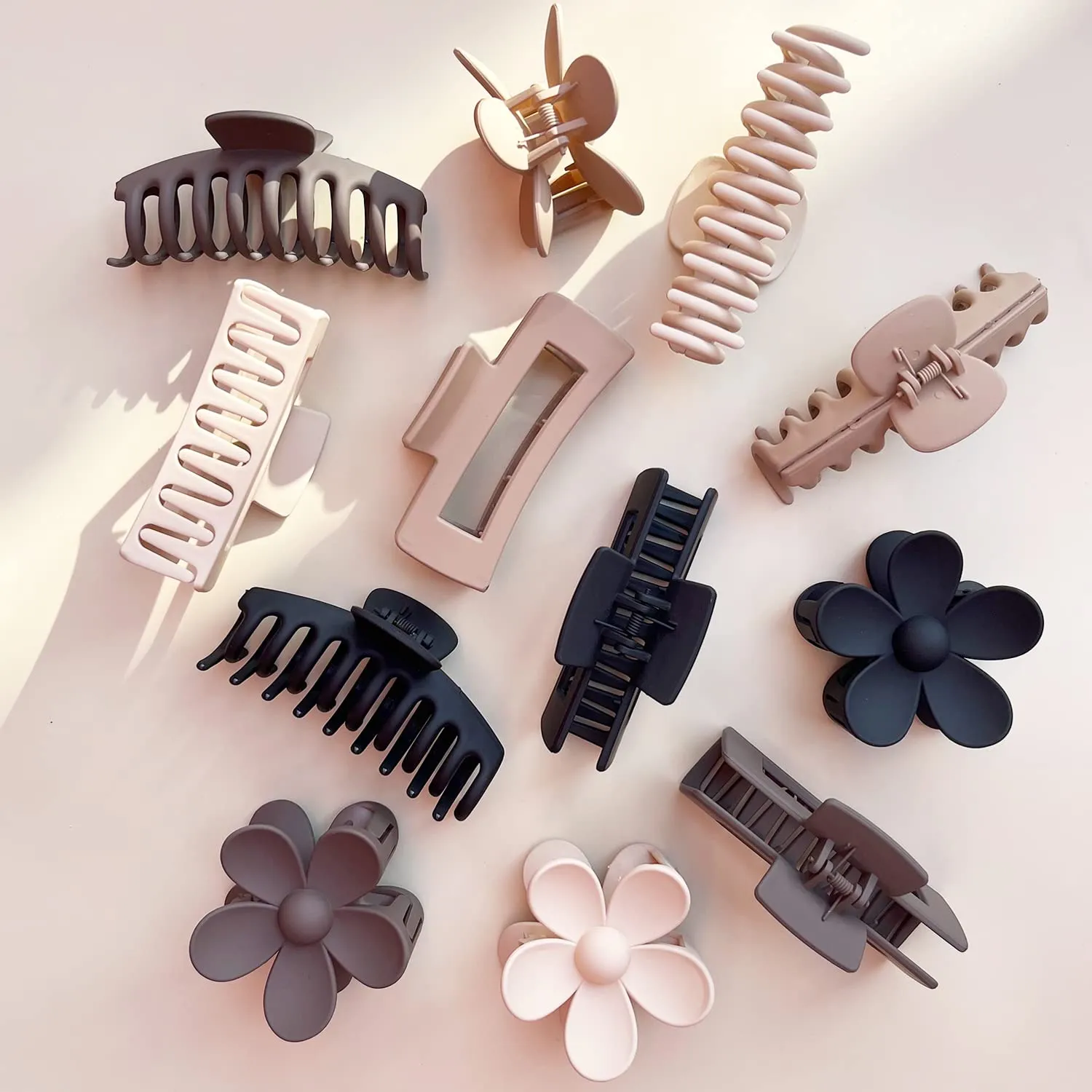 Large Hair Claw Clips 12 Pack, Flower Hair Clips for Thin Hair, Big Square Matte Strong hold for Thick Hair, 3 Styles Hair Clips for Women Thick Hair Neutral Colors
