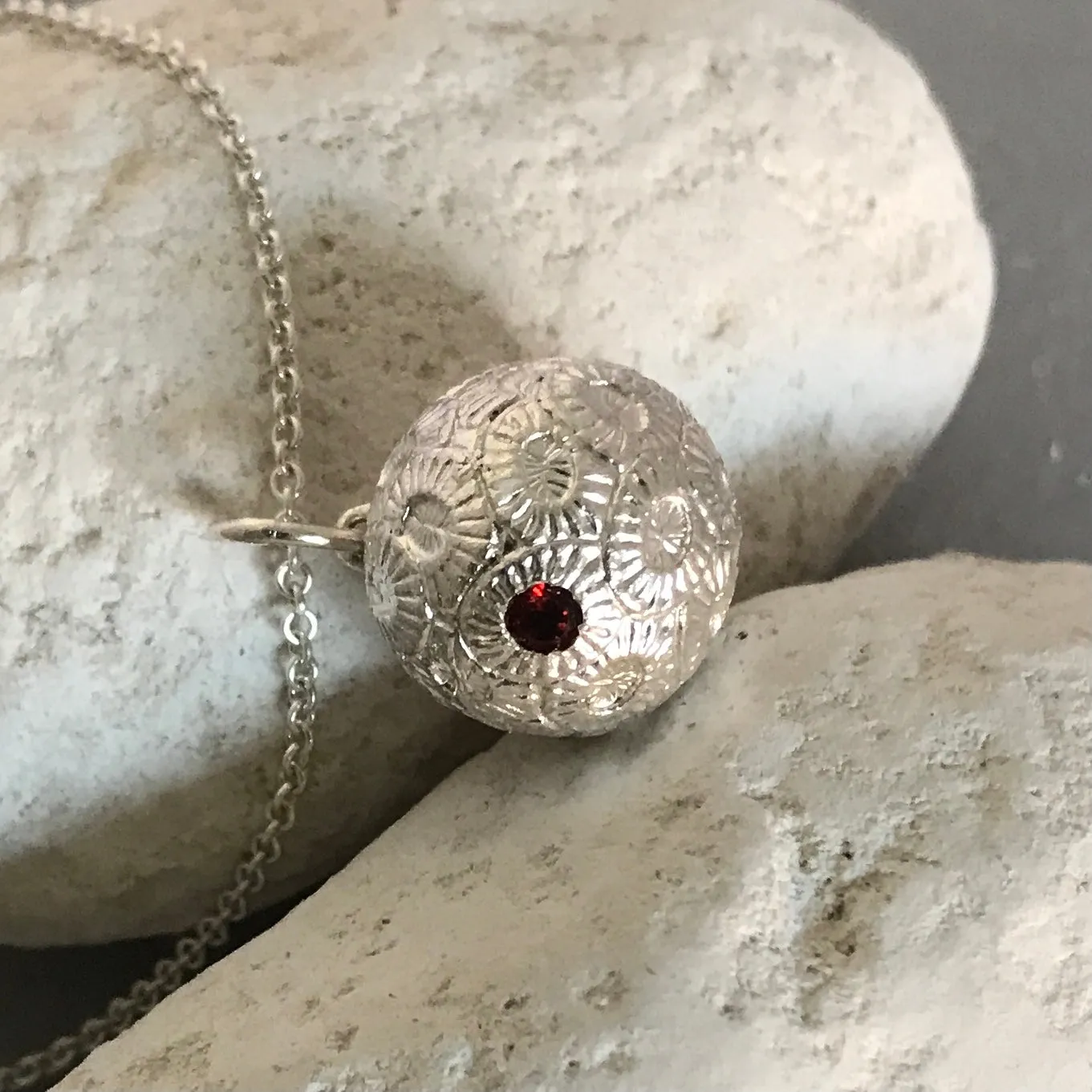 Large Silver Coccolithophore Pendant with Garnet